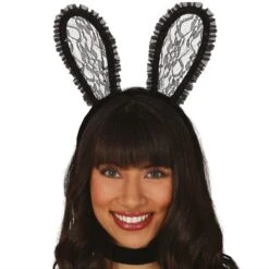 Diadeem Konijnenoren Zwart Kant